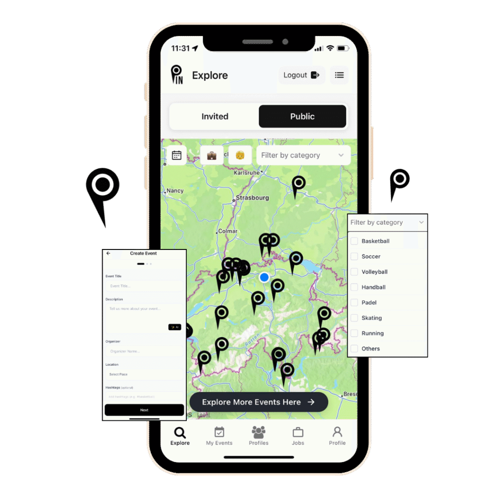 Pin Preview App – explore local sports events, create your own matches, and connect with teams and fans across Switzerland, Germany, and Austria.