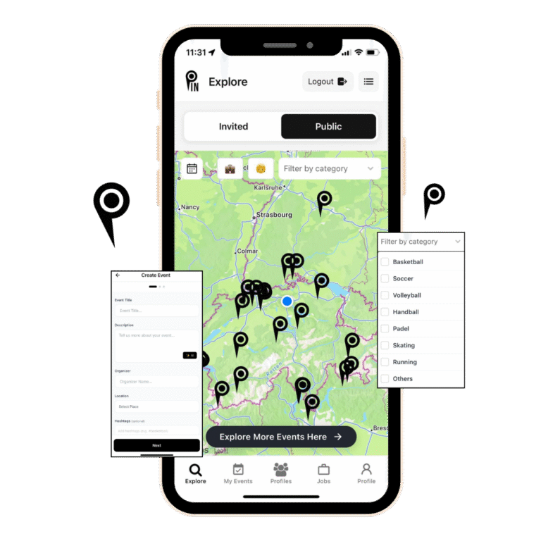 Pin Preview App – explore local sports events, create your own matches, and connect with teams and fans across Switzerland, Germany, and Austria.